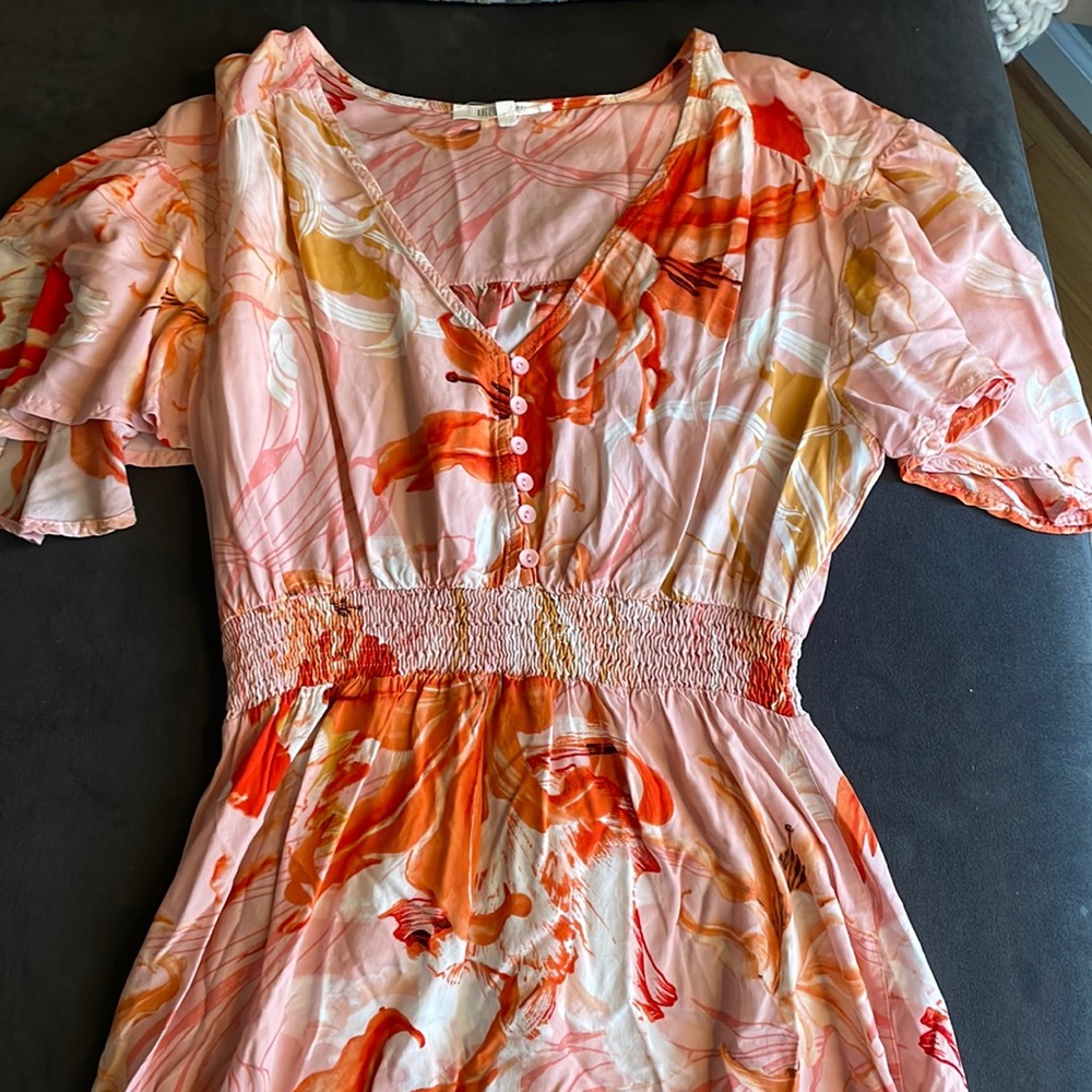 Anthropologie Abel The Label Pink and Orange Hilo Flower Bomb Button Dress